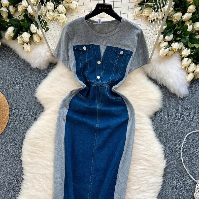 New Trendy Casual Dress Women's Contrast Vintage Denim Panel Short Sleeve Slim Fit Pencil Dress