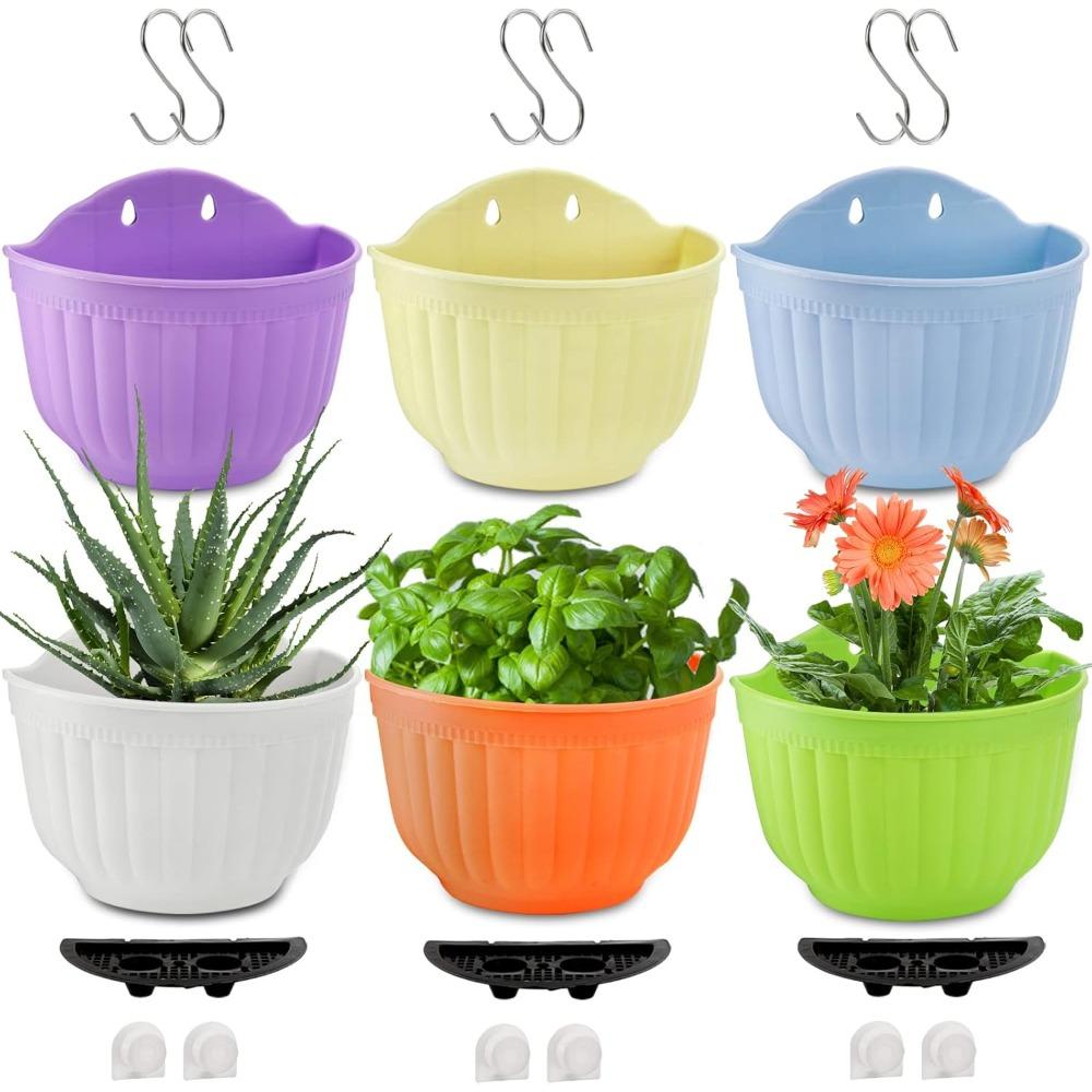 6pcs Wall Planter Hanging Flower Pot Window Hang Indoor Outdoor Plant Basket for Fence Railing Resin Pots with S Hooks and Drainage Meshes