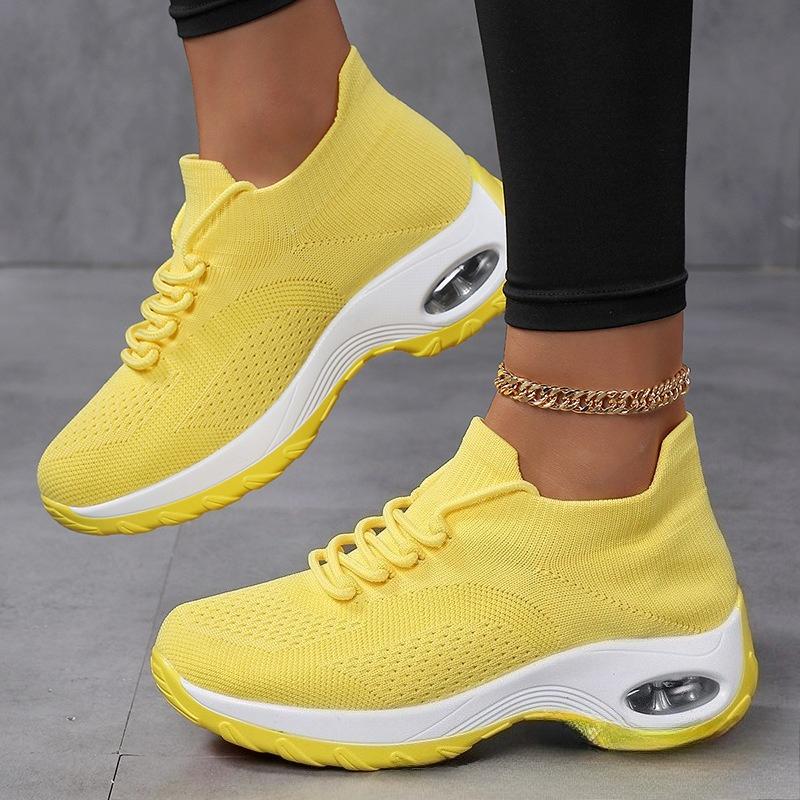 Fashion Women Platform Shoes Knitted Running Sports Shoes Anti-slip Air-cushion Sneakers Breathable Mesh Dancing Traveling Shoes