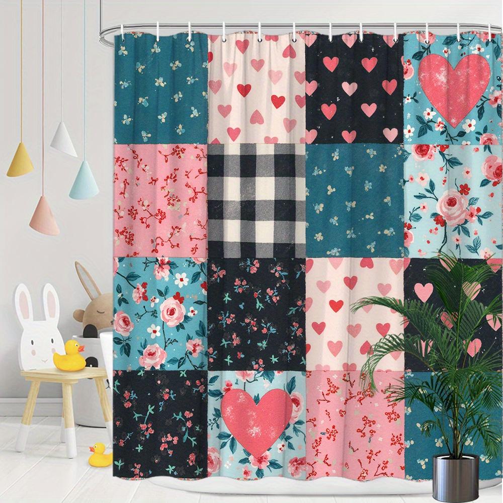 

Spliced Heart-Shaped And Floral Shower Curtain With 12 Hooks-Comfortable Design, Stylish Home Bathroom Decorative Shower Curtain W60H190(CM)-1 Pcs