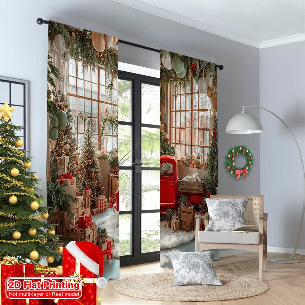 2pcs 2D flat printing Christmas Curtains Vintage red car Christmas tree Versatile Polyester Without Electricity Versatile Use