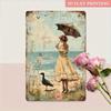 Vintage Lady with Umbrella Metal Poster Wall Art Turquoise Gold