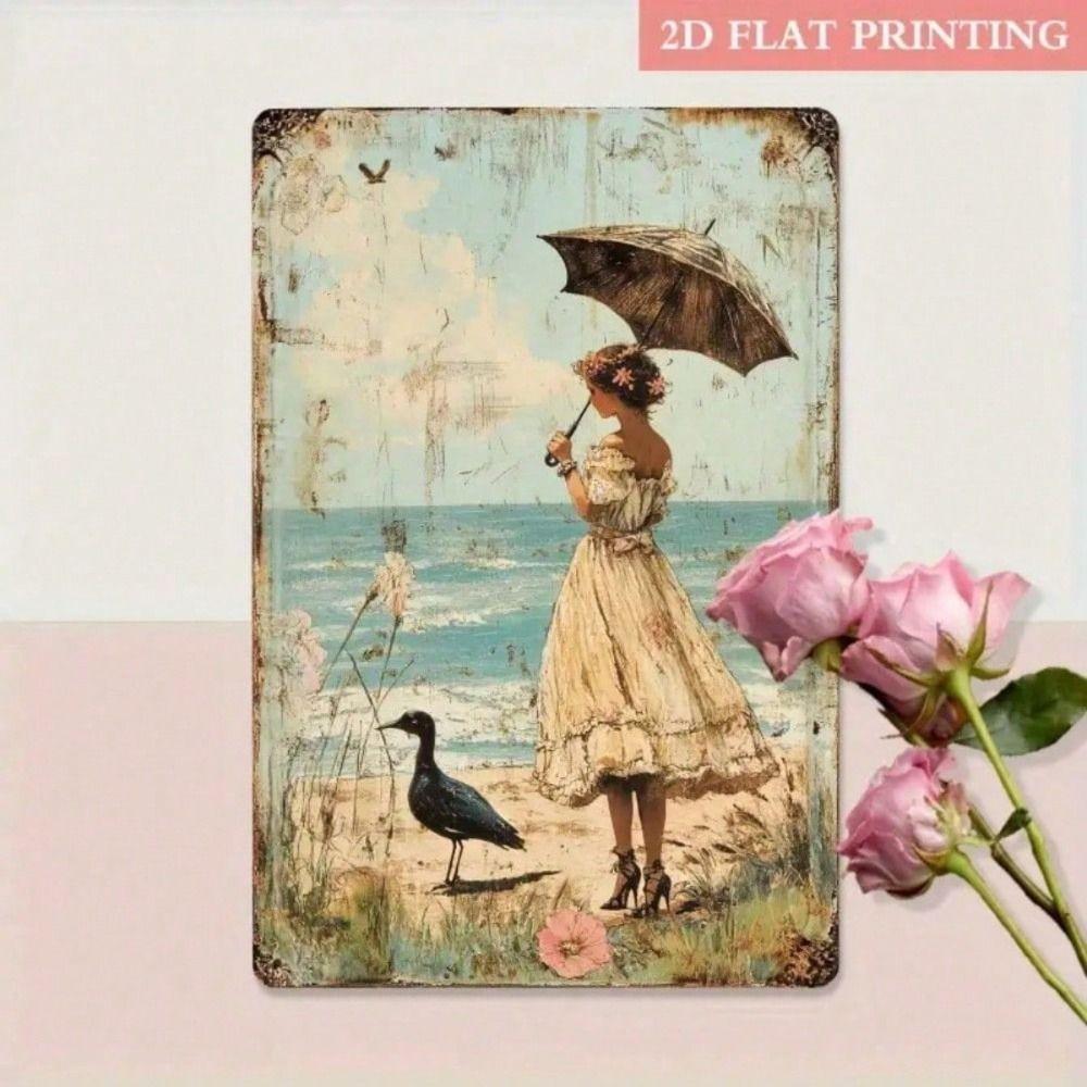 Vintage Lady with Umbrella Metal Poster Wall Art Turquoise Gold