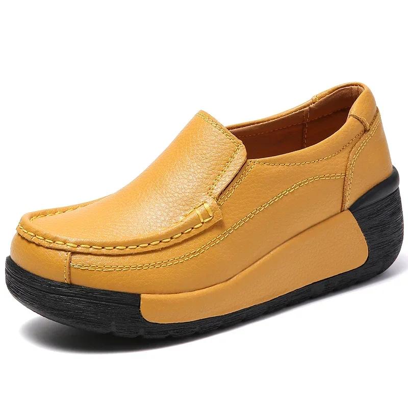 Spring Genuine Leather Casual Shoes Women Lightweight Thick Bottom Wedges Shoes Ladies Non-Slip Height-Increasing Flatform Shoes