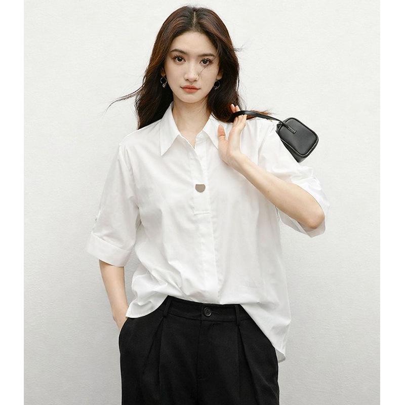 French Style Elegant White Five-Sleeve Women's Shirt - 2026 Spring Collection, Perfect for Petite Figures