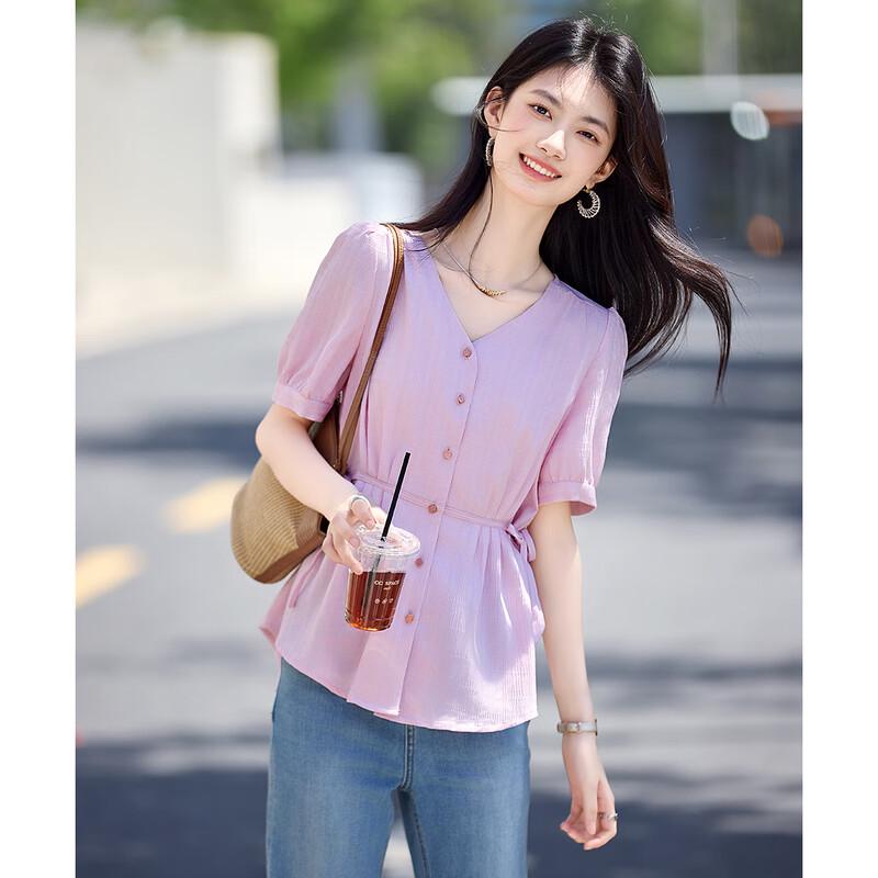 Women s V-Neck Tie-Waist Short Sleeve Blouse L