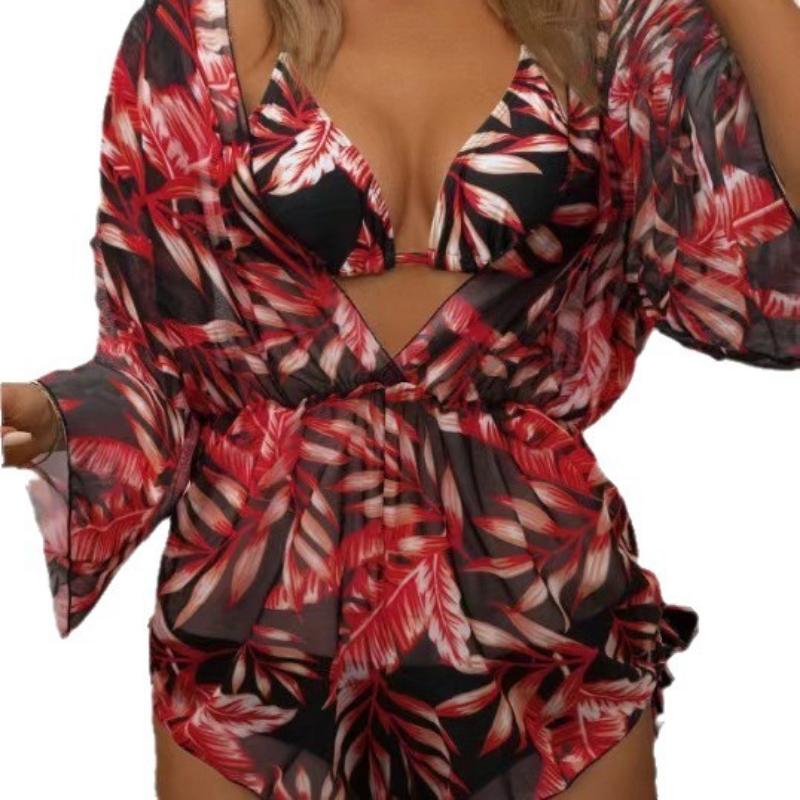 3 Piece Leaf Print Bikini Set Long Sleeve Sun Protection Cover Up Drawstring Waist Slimming Fashion Beach Vacation Bathing Suit