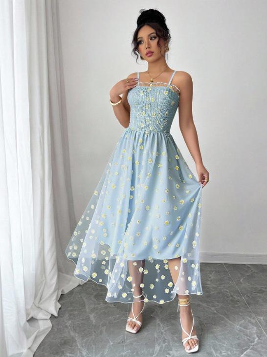 European and American homologous small daisy mesh yarn, tube top sling, French retro medium and long jumpsuit