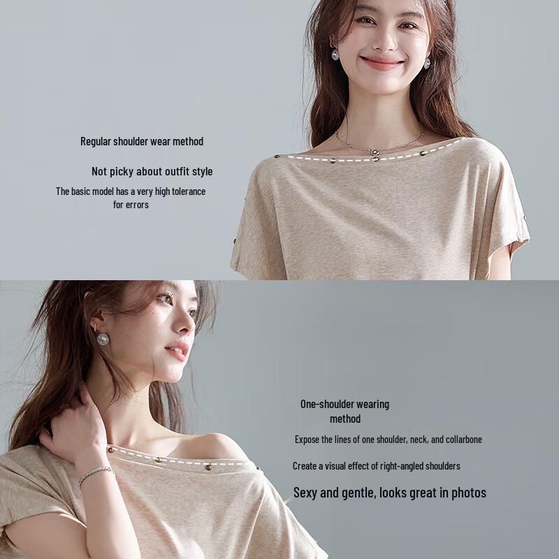 VICTORIA&VERA Off-Shoulder Studded Short Sleeve T-Shirt