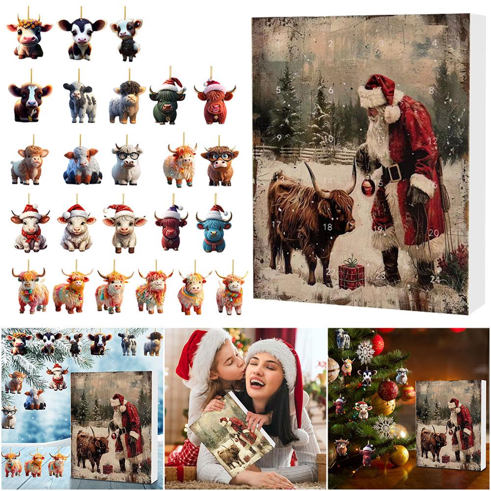 24 Days Christmas Countdown Calendar Acrylic Cartoon Highland Cow Hanging Decorations 2025 Holiday Advent Calendar Gift For Kids