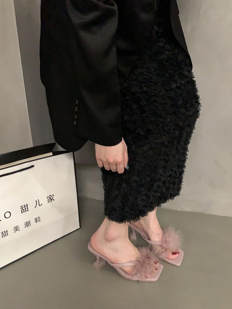 French High Heels Fluffy Slippers Women's Shoes Wear 2025 New Summer Fairy Style Black Sandals