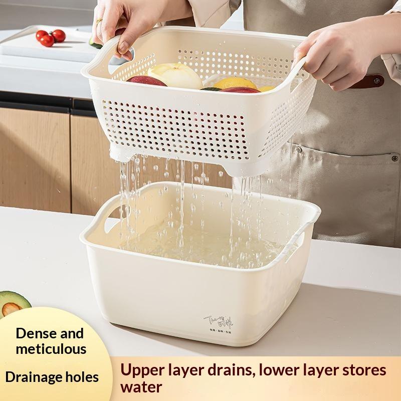 Food Grade Plastic Dual Layer Drain Basket Fine Drain Holes Kitchen Colander Set For Washing Fruits& Vegetables