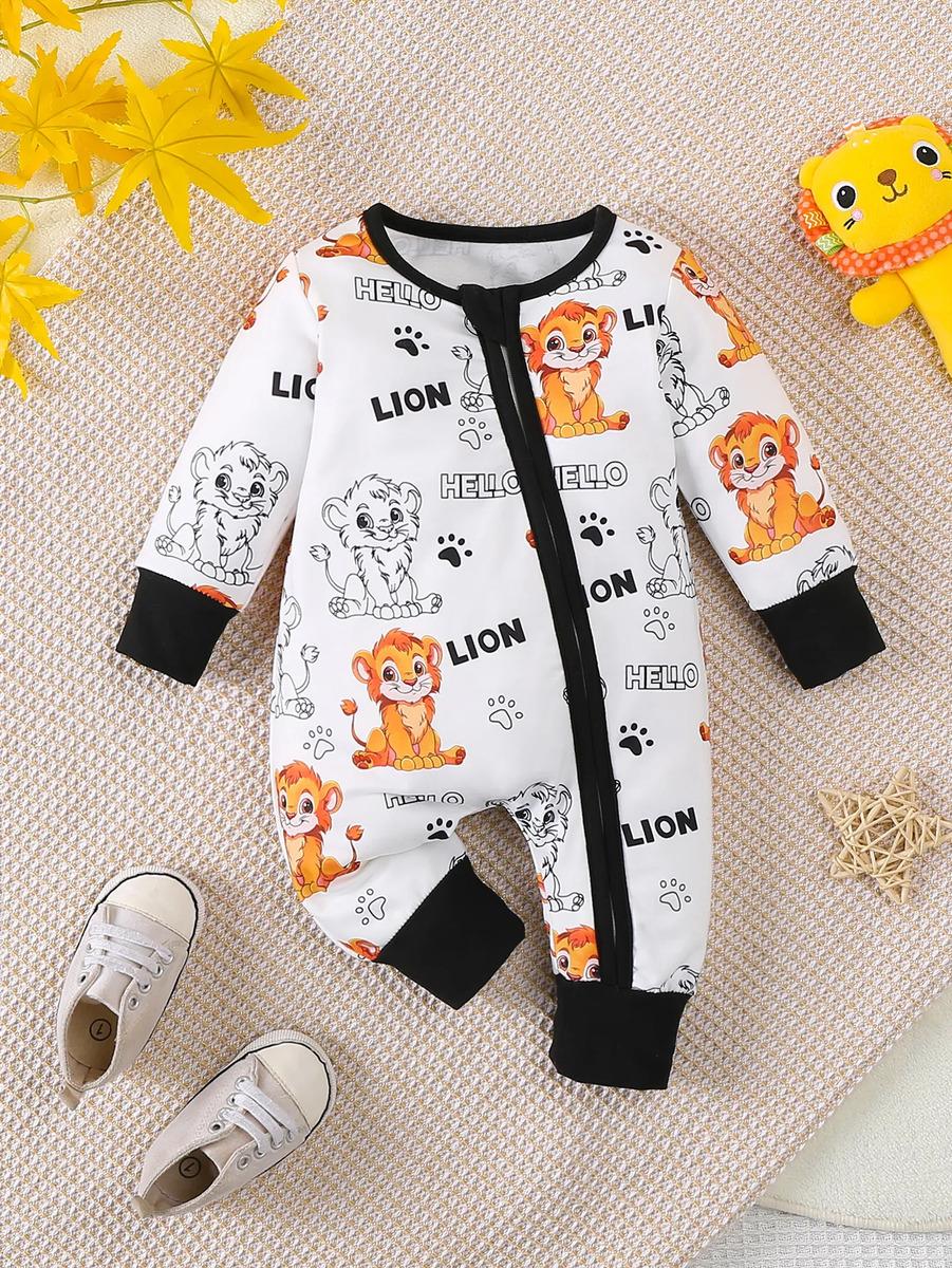 Cute Lion Print Baby Zipper Footless Long Sleeve Romper 66 чёрный
