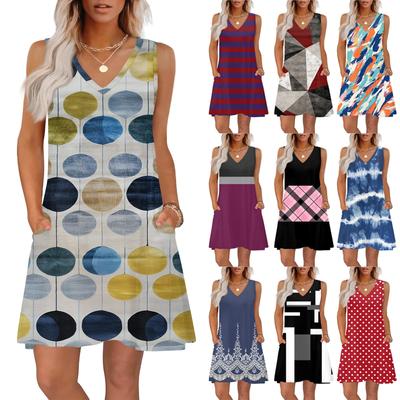 Women's Summer Dresses Loose Fit Printed V Neck Sleeveless Sundresses Beach Hawaiian Dress With Pockets