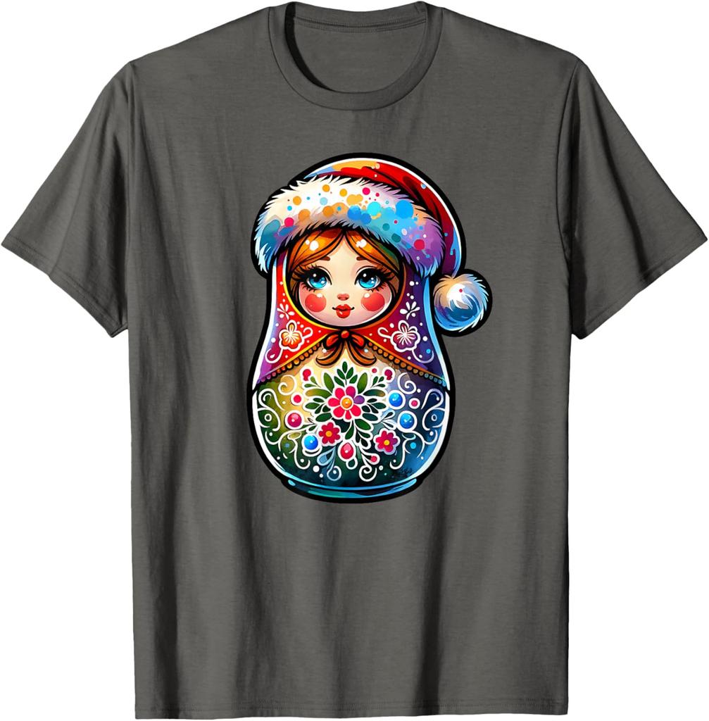 Christmas Matryoshka Doll Graphic Tee Breathable Short Sleeve Casual Round Neck T-Shirt