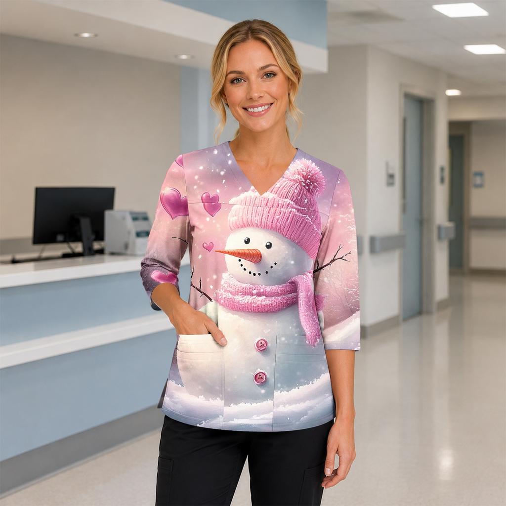 Women's Christmas Print Uniform V-Neck Scrub -Quarter Sleeve for Caregivers