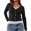 2025 Versatile V-neck Button Ribbed Lace Patchwork Long Sleeve Women's Top
