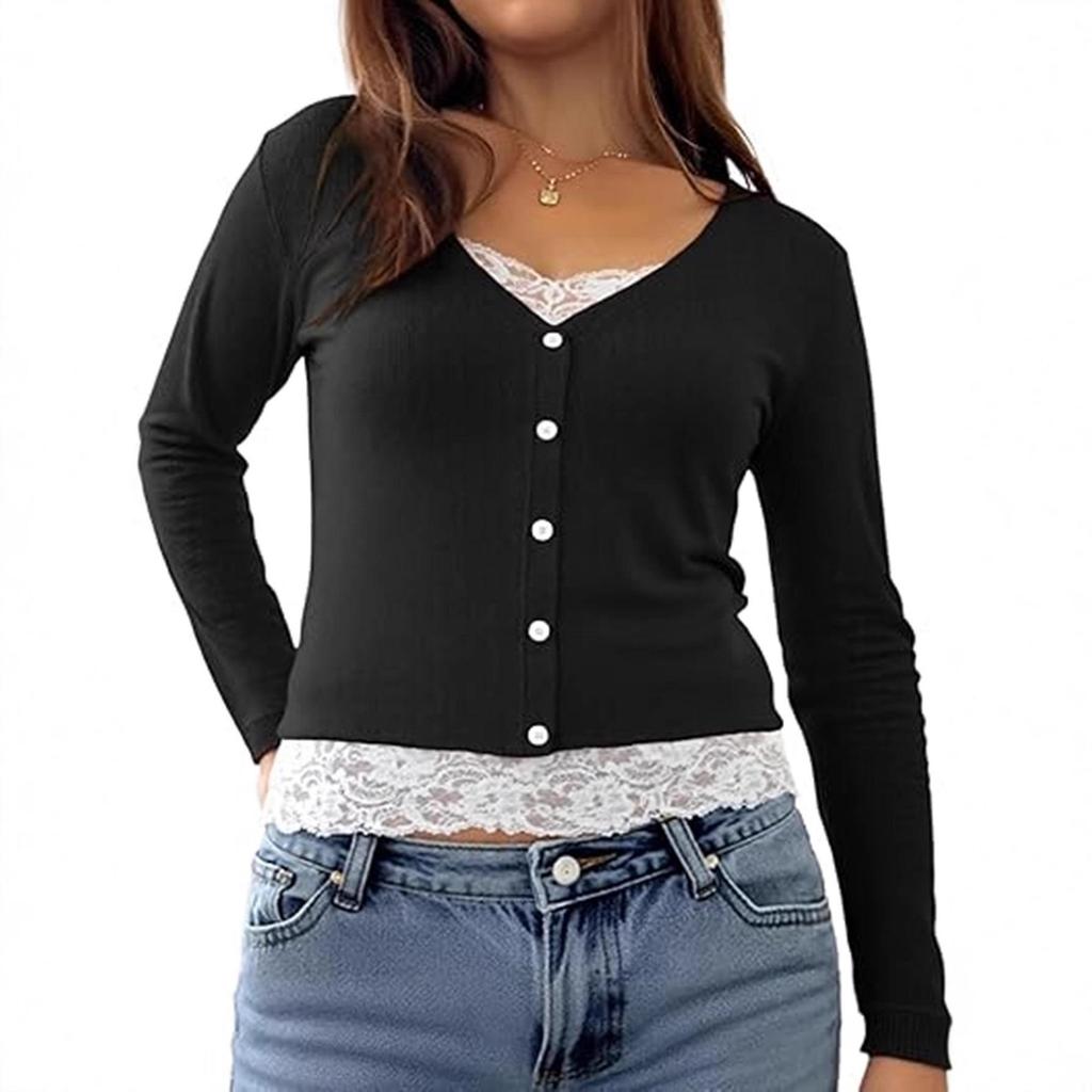 2025 Versatile V-neck Button Ribbed Lace Patchwork Long Sleeve Women's Top