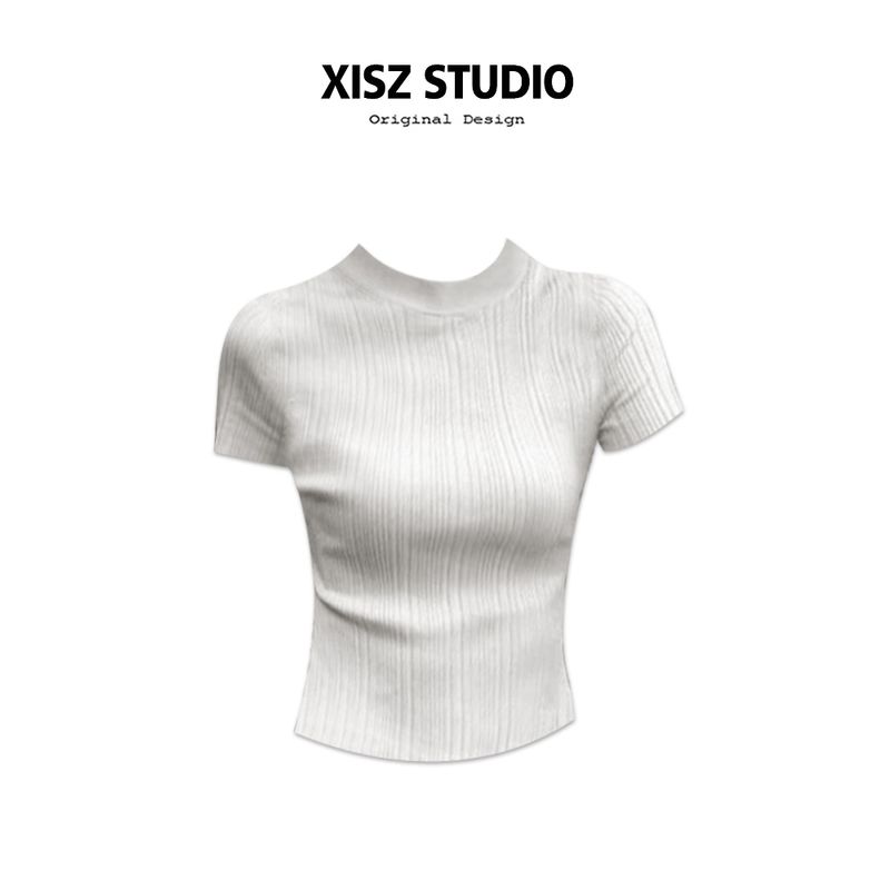 

White Half Turtleneck Silm Short Sleeve Knitting T-Shirt Female Summer Simplicity Texture Sense Slim Looking All-Matching Short Top Tide White Top [High Quality] S