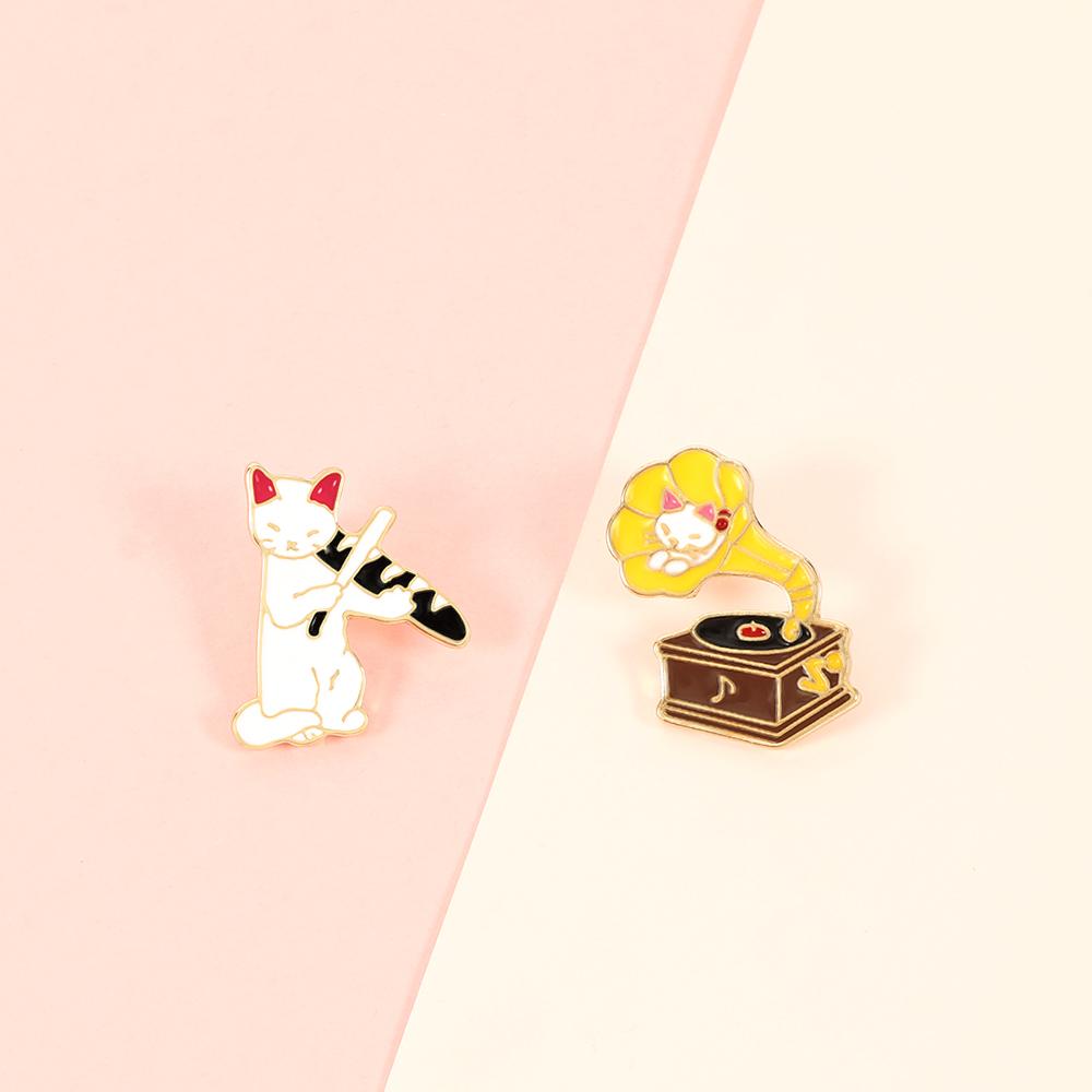 Funny Cat Brooch Play Music Drink Water Kitty Cartoon Animal Enamel Pins Bag Clothes Lapel Pin Cute Badge Jewelry Gift for Kids