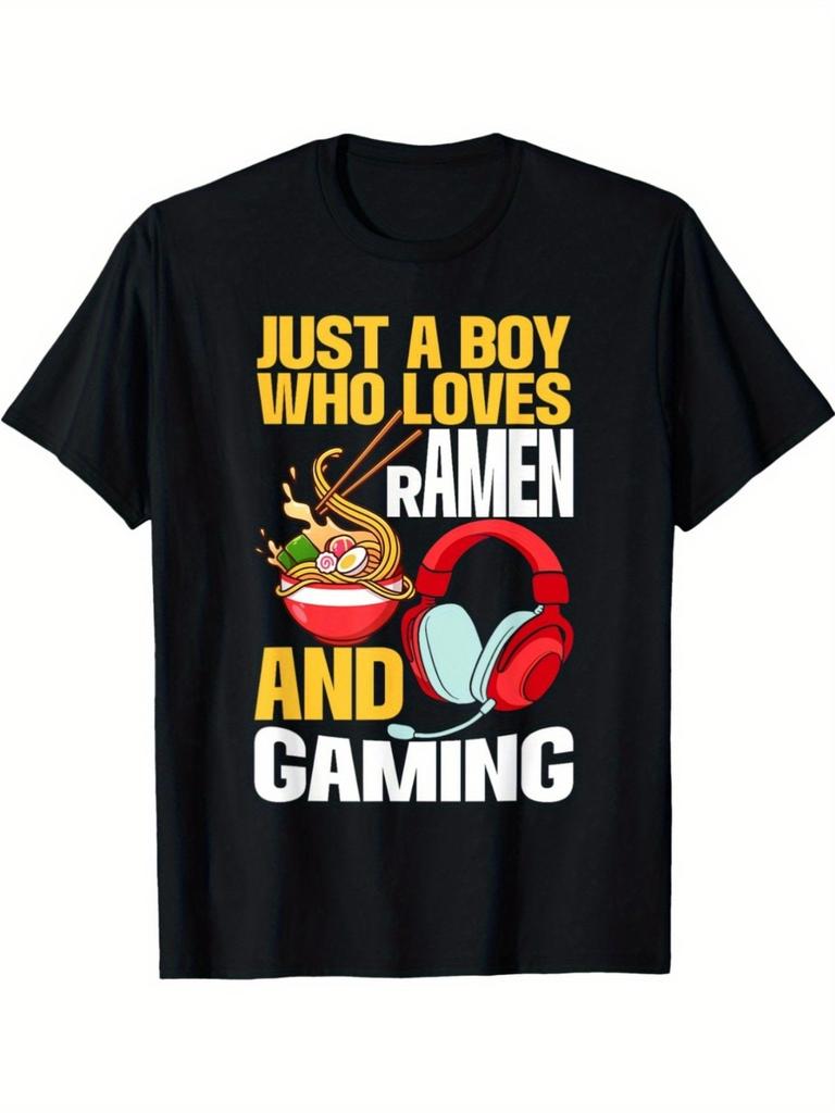 Anime And Ramen Graphic T-Shirt for Teens, Black, with Bold Yellow And White Text, Regular Fit Short