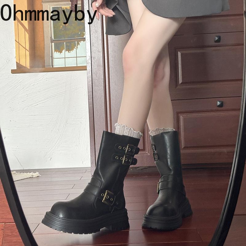 Design Belt Buckle Woman Short Boots Fashion Platform Heels Knight Booties Autumn Winter Ladies Shoes Mujer