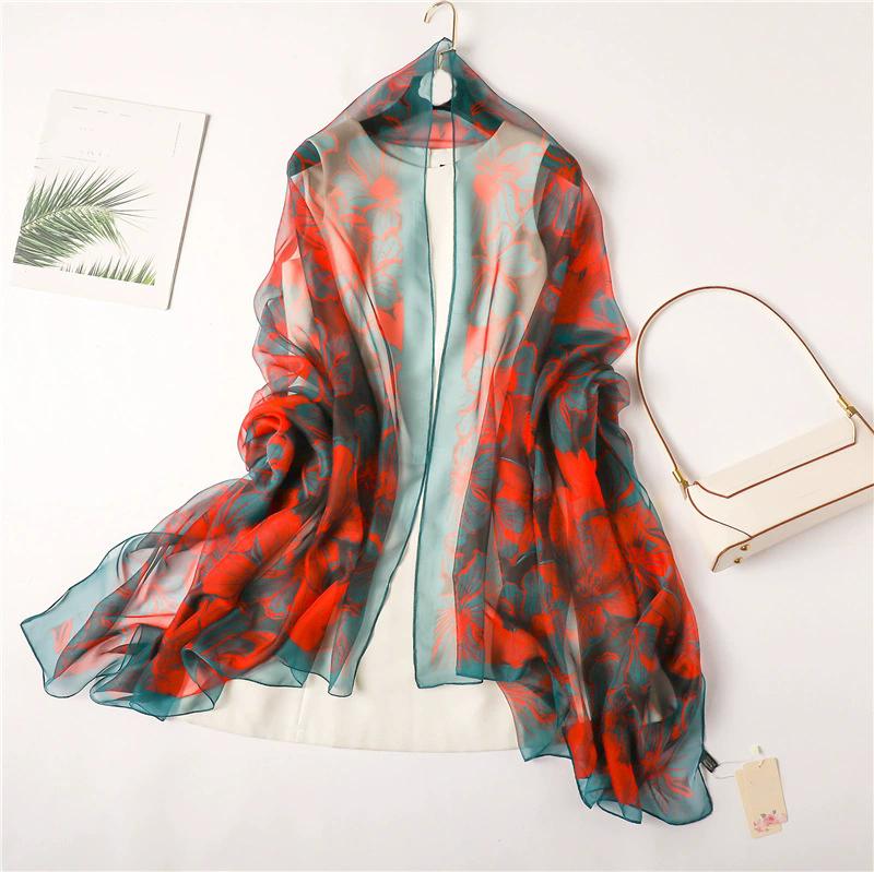 Silk Scarf Folral Women Summer Hijab Luxury Print Sunscreen Shawl Wraps Bandana Ladies Head Scarves Large Foulard Echarpe