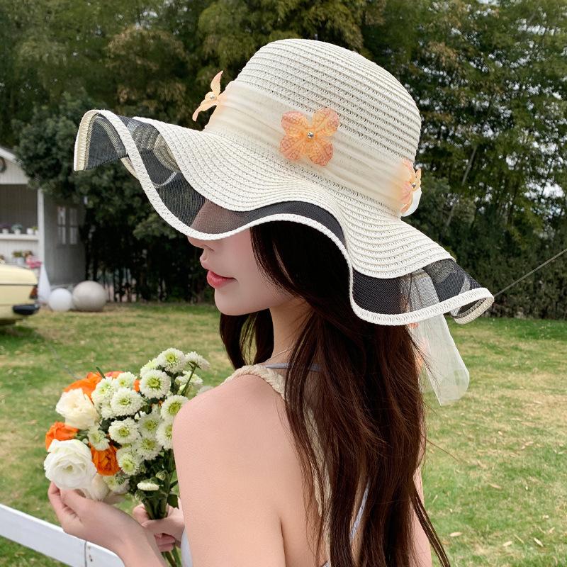 Summer sweet wave flower straw hat outdoor fashion sunshade sun hat children wide face small sun hat