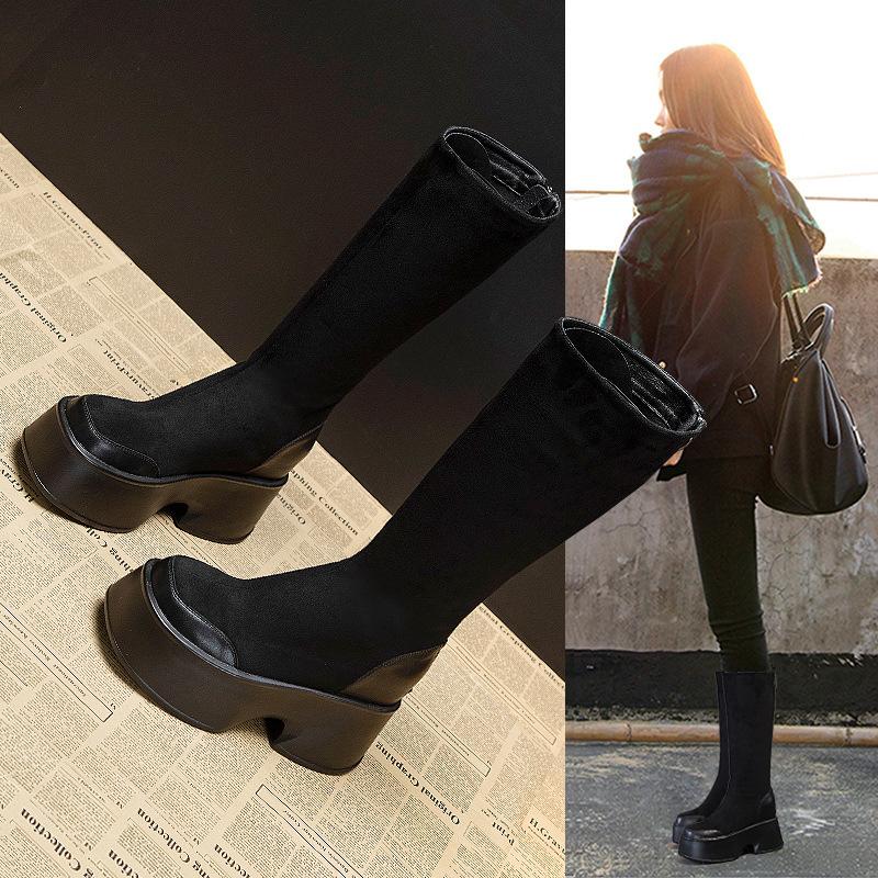 Thick-soled Boots for Women In Autumn and Winter 2025, New Thick-heeled Square-headed Waterproof Table Martin Boots for Women, Increased Retro Elasti