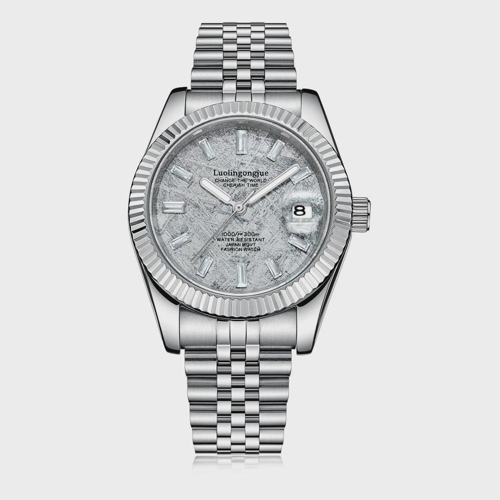 Herren Automatische Mechanische Uhr Weiß Perlmutt Zifferblatt Diamant Römische Ziffern Kalender Datum Edelstahl Armbanduhr