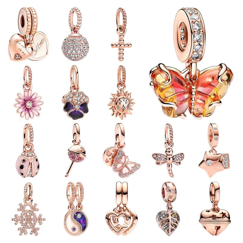 New Charms Sparkling Rose Gold Airplane, Globe & Suitcase Triple Heart Winged Angel Diy Jewelry Gift Fit Original Bracelet Beads