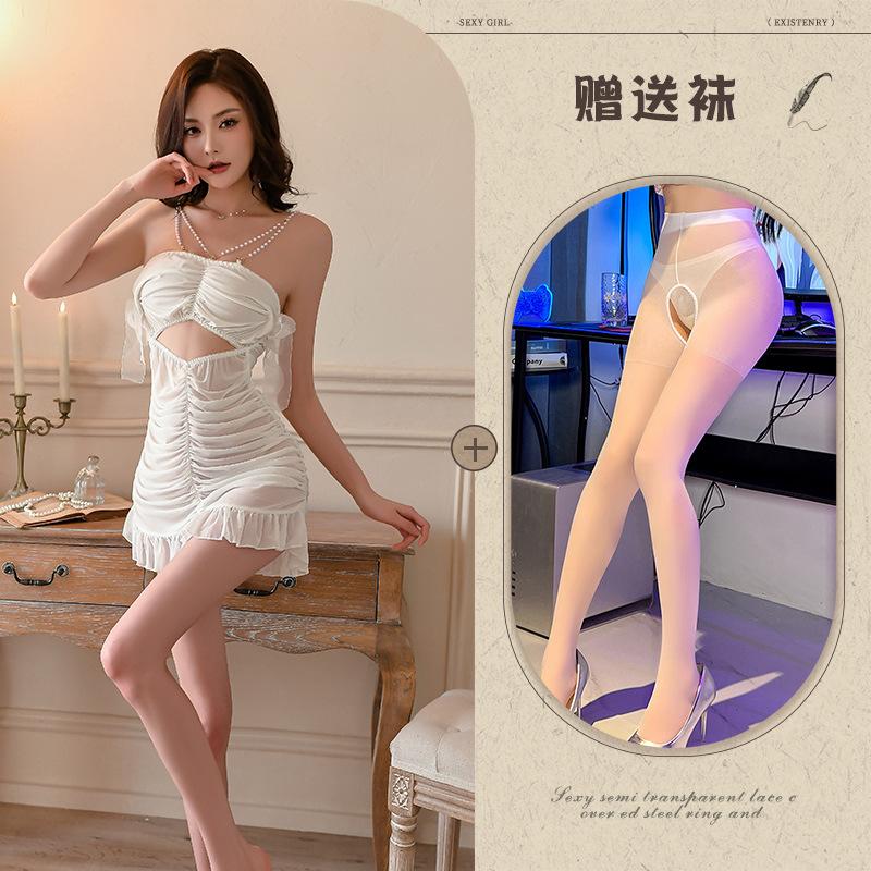 Pearl pleated mesh skirt, sexy underwear, sexy large size small chest pajamas, hot perspective hip skirt