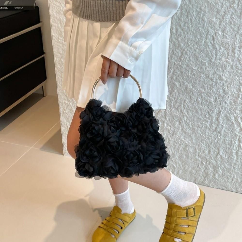 Versatile Elegant Floral Clutch Purse Black/White Metal Handle Bridal Handbag Lace Floral Rose Flower Prom Bag For Women
