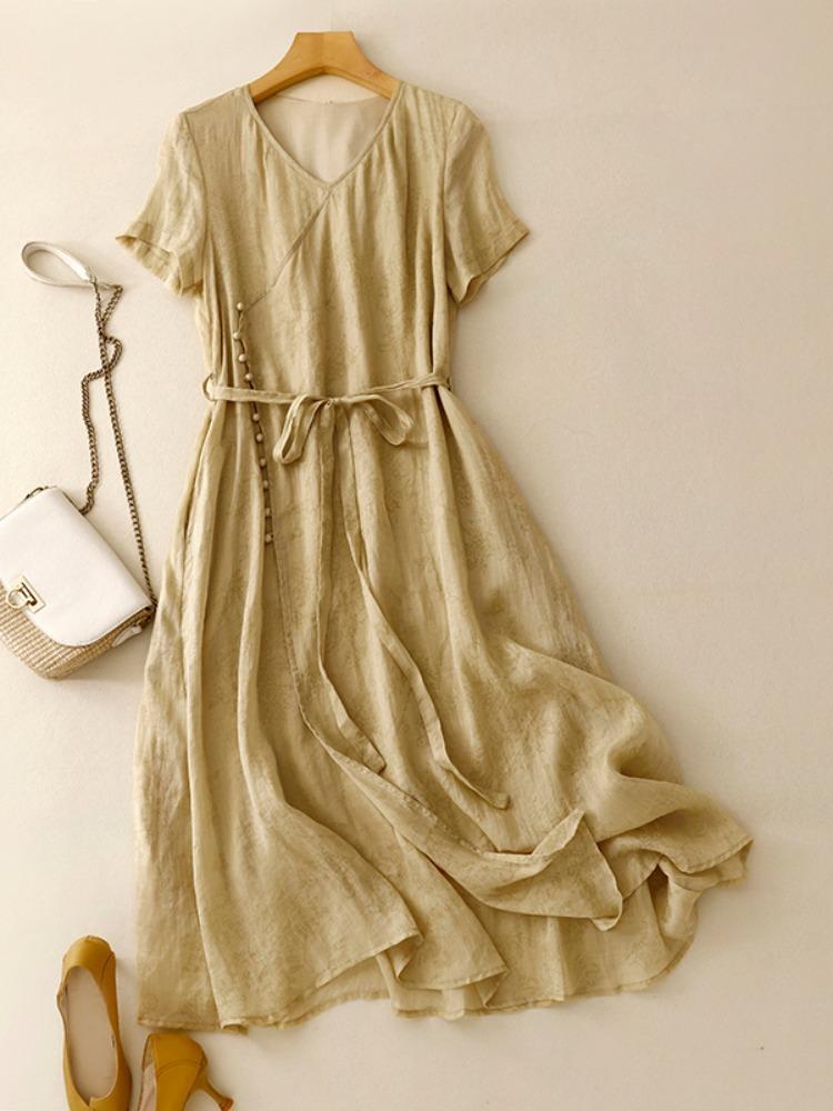

Летнее новое платье 2025 года с коротким рукавом, V-образным вырезом, однотонное, из хлопка и льна, женское, свободного кроя, тонкое, с завязкой на талии, средней длины. M