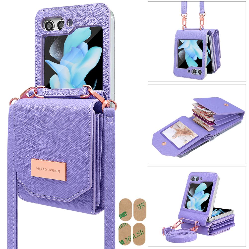 

VIETAO Card Slots Wallet PU Leather Z Flip 7 Case With Crossbody Strap, Flip Screen Case For Samsung Z Flip 6 5 4 3 With Lanyard For Samsung Z Flip 6 фіолетовий