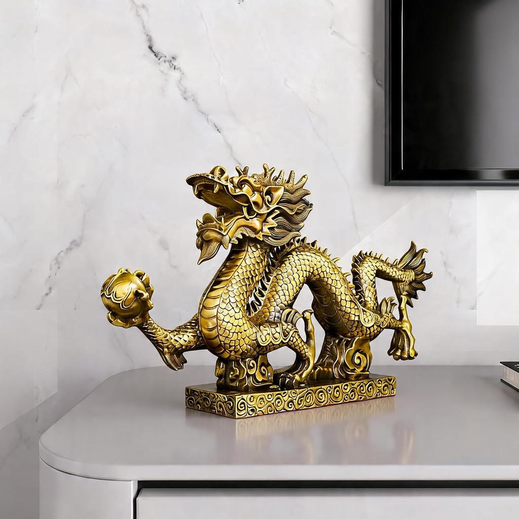 Aris & Juno Brass Prosperous Dragon Feng Shui Statue – Chinese Wealth & Prosperity Figurine for Entryway, Home Office Desk or Shelf Decor, Gift for