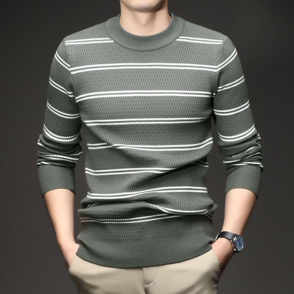 Men's Striped Knitwear: 2025 Autumn/Winter Collection - Stretchy, Thick, Versatile, Casual Round Neck Base Layer