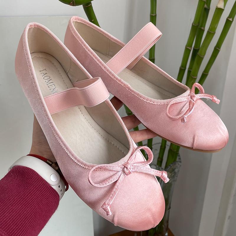 Fashion Pink Footwear Silk Women Ballet Flats Shoes Female Round Toe Fashion Butterfly-Knot Shallow Ladies Flats With Shoes Big Size