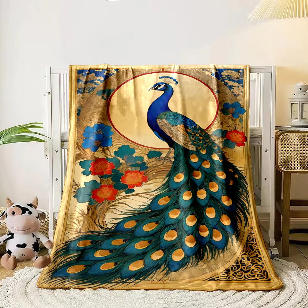 Elegant Peacock with Floral Art Flannel Blanket for Bedroom Living Room Sofa and Nap