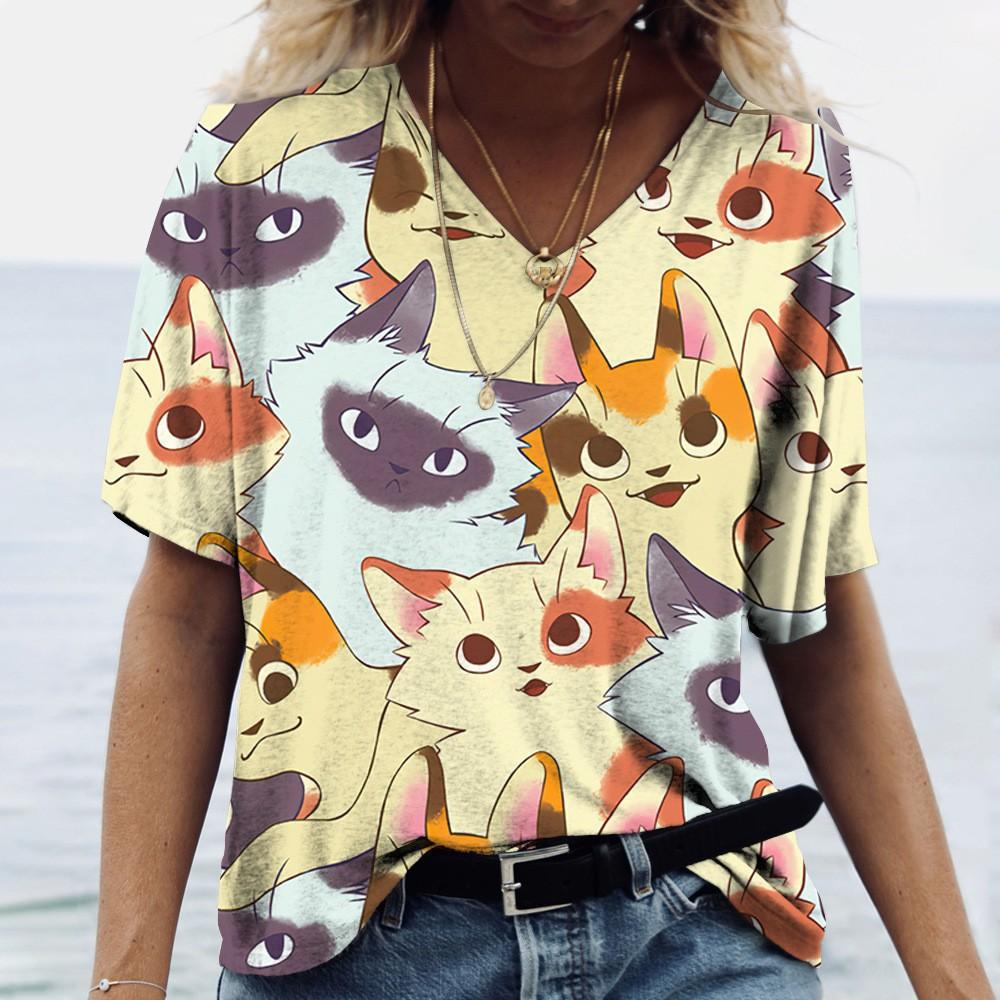 Summer 3D T-shirt Short Sleeved Cat Print Women's V-neck T-shirt