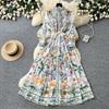 French Niche High-end Printing Stand-up Collar Long-sleeved Waist A-word Dress Women's Summer Lazy Temperament Long Dress