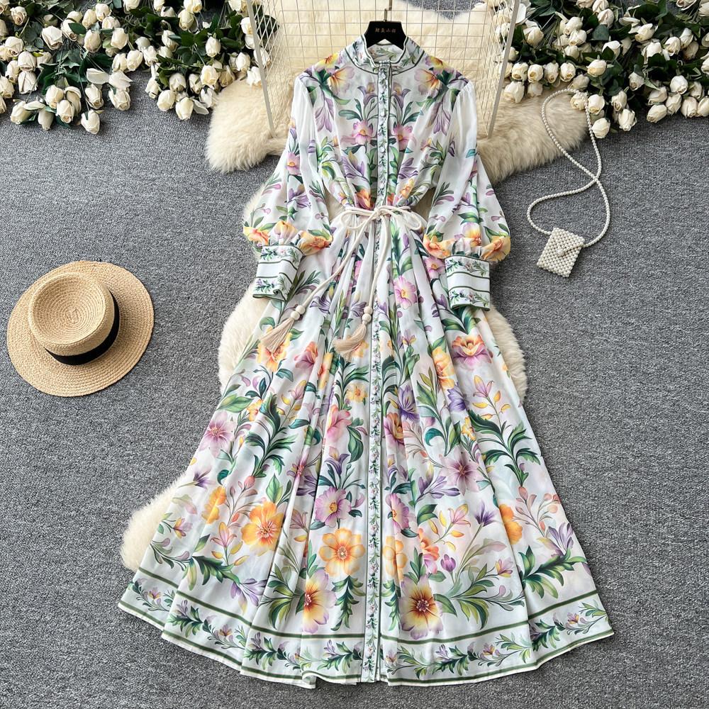French Niche High-end Printing Stand-up Collar Long-sleeved Waist A-word Dress Women's Summer Lazy Temperament Long Dress