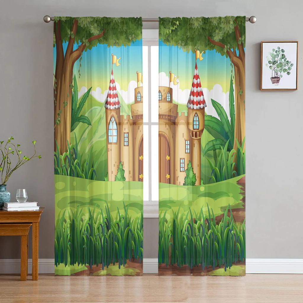 Luxury Fairy Tale Princess Pink Castle Radial Tulle Curtain Bedroom Window Cafe Hotel Decor Living Room Drape Curtains Light Filtering Polyester Area