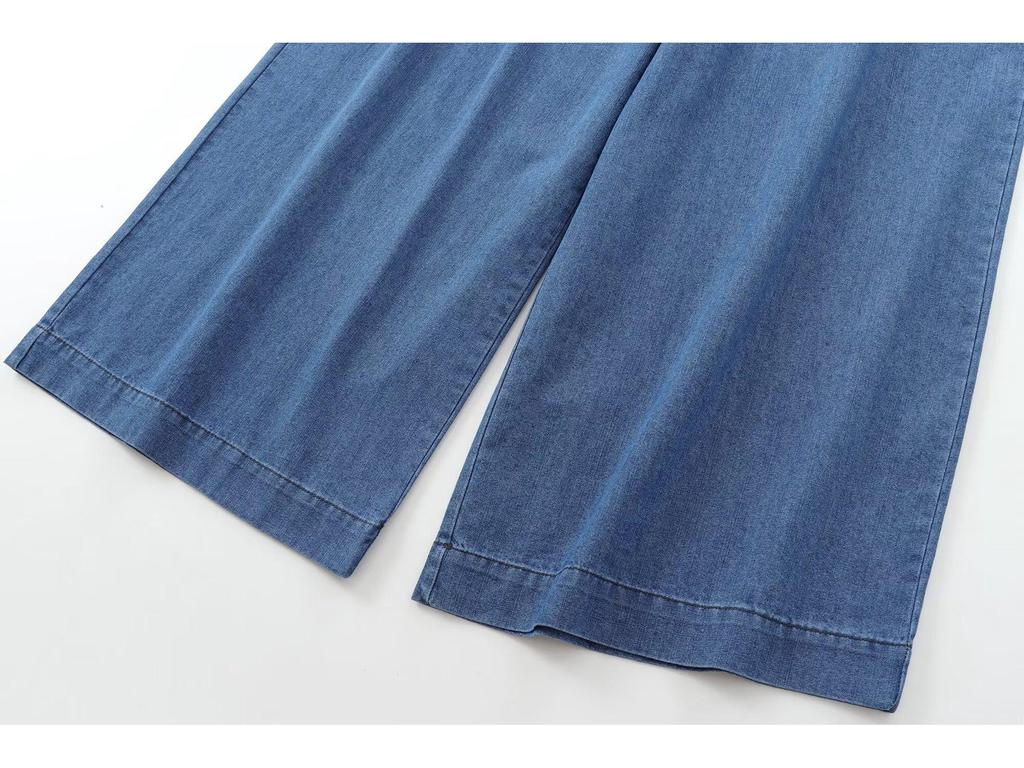 Women's Early Autumn Denim Set: Turn-Down Collar Tie-Waist Shirt & Draping Wide-Leg Pants