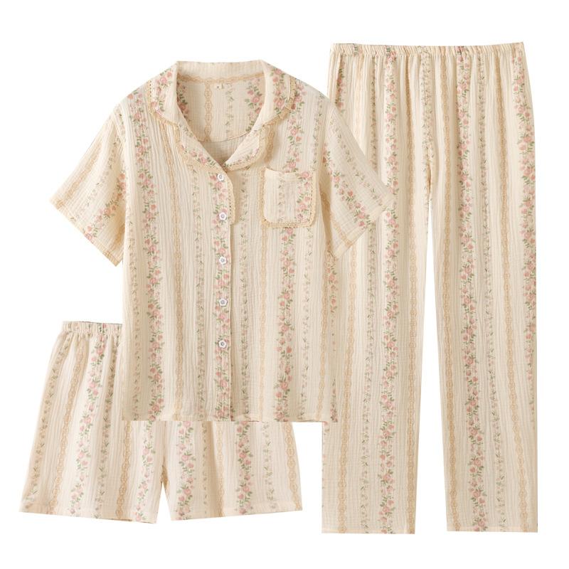 Women's summer crepe cotton yarn lace lapel short-sleeved trousers shorts set three-piece pajamas loungewear