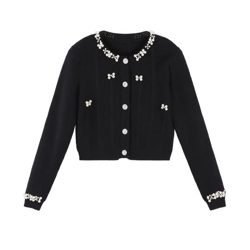 2026 Autumn/Winter French Chic Beaded Knit Jacket with Pearl Collar – Versatile Design