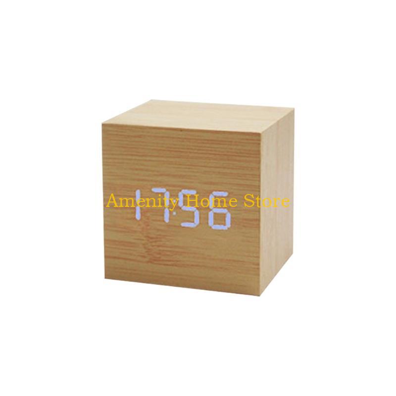 F26C Wood Cube Voice Control  Led Alarm Clock Decorative Clock Ornaments Art Crafts Supplies for Home Bedroom Dormitory