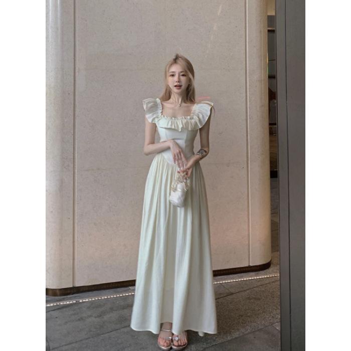 Sweet and Gentle Pink Small Flying Sleeve Dress Women's Summer Lotus Leaf Edge Square Neck Long Dress Waist Temperament a Word Skirt