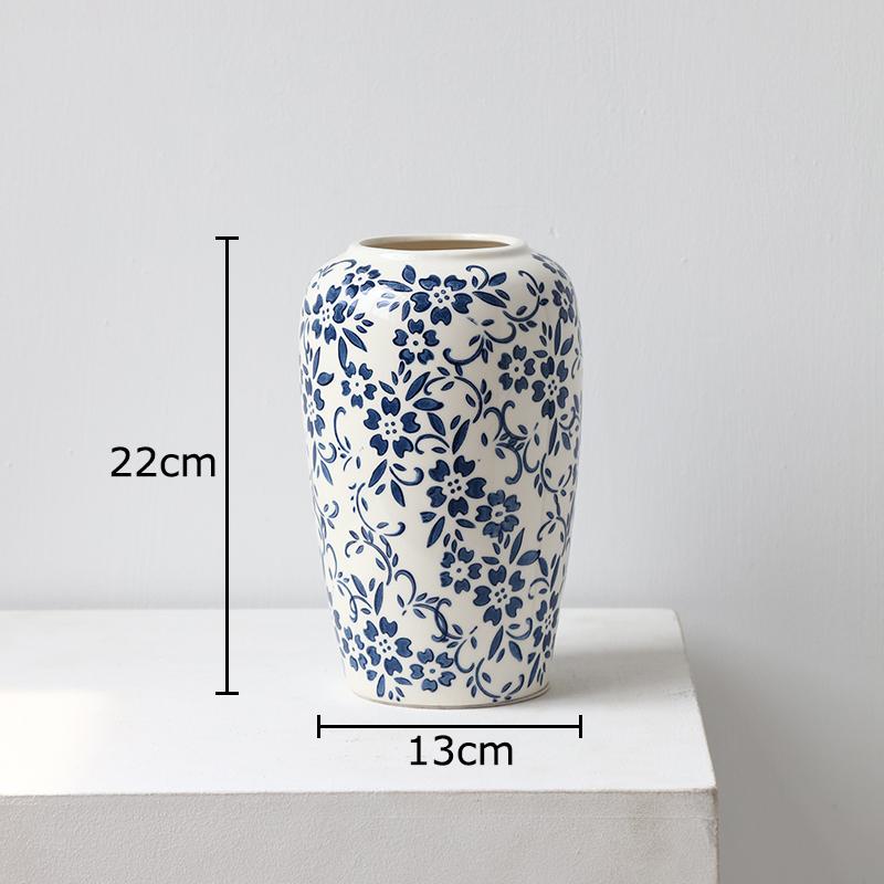 Neoclassical Blue and White Porcelain Vase Table Decoration Floral Print Texture Flowers Arrangement Vases Room Aesthetic Decor