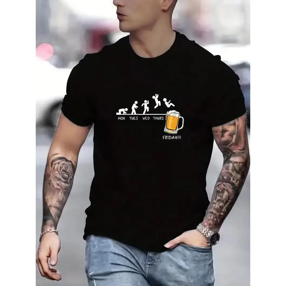 Jumping in Beer Print T-shirt, Men's Casual Street Style Stretch Round Neck Tee Shirt for Summer